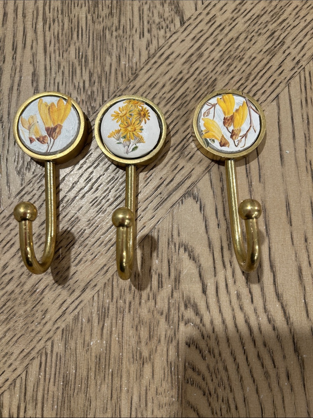 Brass Floral Wall Hooks - Yellow Botanical Design